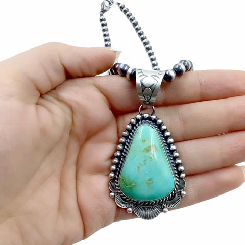 Image of Native American Pendants - Navajo Royston Turquoise Teardrop Pendant & Navajo Pearls Necklace  - Mary Ann Spencer - Native American