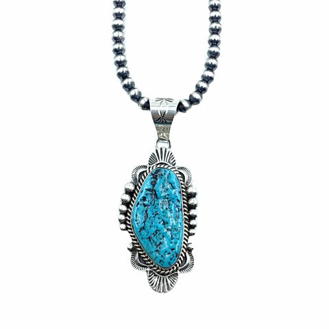 Image of Native American Pendants - Navajo Sleeping Beauty Rough Turquoise Pendant & Navajo Pearls Necklace  - Mary Ann Spencer - Native American