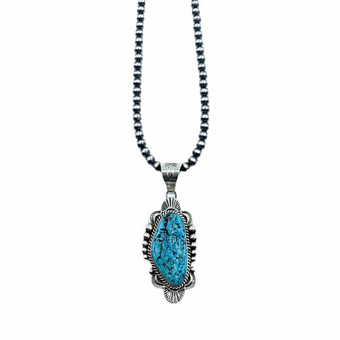 Image of Native American Pendants - Navajo Sleeping Beauty Rough Turquoise Pendant & Navajo Pearls Necklace  - Mary Ann Spencer - Native American