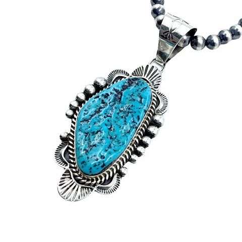 Image of Native American Pendants - Navajo Sleeping Beauty Rough Turquoise Pendant & Navajo Pearls Necklace  - Mary Ann Spencer - Native American