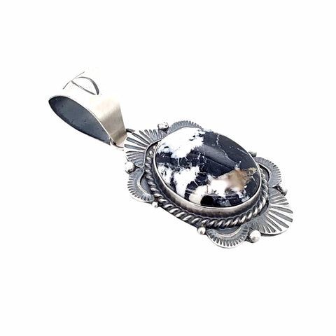 Image of Native American Pendants - Navajo White Buffalo Dark Oval Stone Old-Style Stamped Sterling Silver Pendant - Mary Ann Spencer - Native American