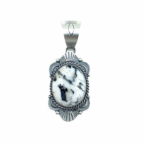 Image of Native American Pendants - Navajo White Buffalo Oval Stone Old-Style Stamped Sterling Silver Pendant - Mary Ann Spencer - Native American
