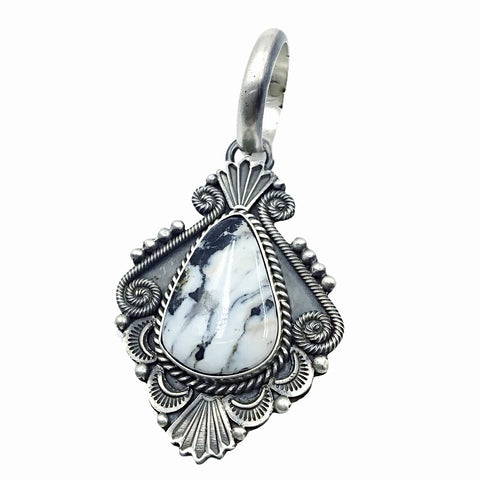 Image of Native American Pendants - Navajo White Buffalo Stamped Sterling Silver & Coil Wire Design Pendant- Michael & Rosita Calladitto - Native American