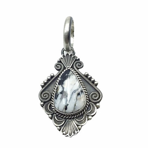 Image of Native American Pendants - Navajo White Buffalo Stamped Sterling Silver & Coil Wire Design Pendant- Michael & Rosita Calladitto - Native American