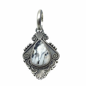 Native American Pendants - Navajo White Buffalo Stamped Sterling Silver & Coil Wire Design Pendant- Michael & Rosita Calladitto - Native American