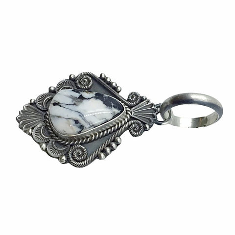 Image of Native American Pendants - Navajo White Buffalo Stamped Sterling Silver & Coil Wire Design Pendant- Michael & Rosita Calladitto - Native American