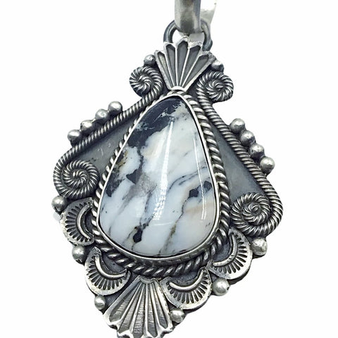 Image of Native American Pendants - Navajo White Buffalo Stamped Sterling Silver & Coil Wire Design Pendant- Michael & Rosita Calladitto - Native American