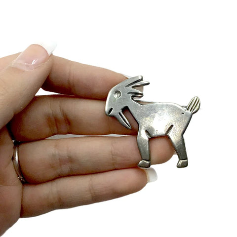 Image of Native American Pendants - Old Pawn Billy Goat Sterling Silver Pin Brooch - Native American