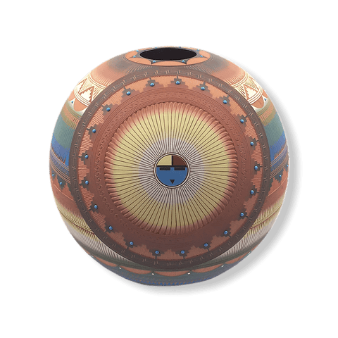 Image of Native American Pot - SOLD Navajo Large Turquoise Po.t By L. Smith