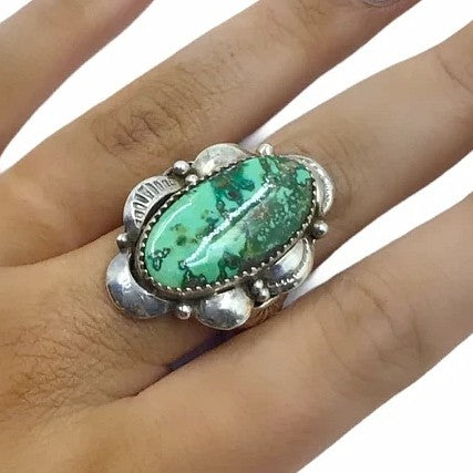 Image of Native American Ring - Amazing Navajo Large Green Turquoise Sterling Silver Stamped Ring - Native American