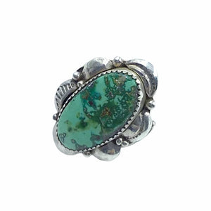 Native American Ring - Amazing Navajo Large Green Turquoise Sterling Silver Stamped Ring - Native American
