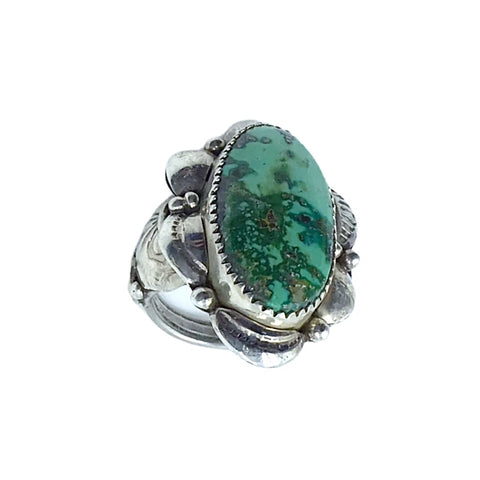 Image of Native American Ring - Amazing Navajo Large Green Turquoise Sterling Silver Stamped Ring - Native American