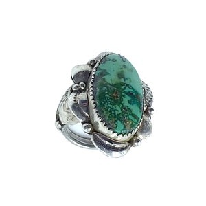 Native American Ring - Amazing Navajo Large Green Turquoise Sterling Silver Stamped Ring - Native American