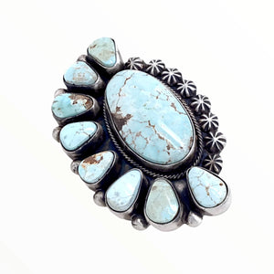 Native American Ring - Large Navajo Dry Creek Turquoise Half Cluster Stamped Beads Ring -Bobby Johnson - Native American