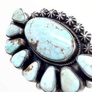 Native American Ring - Large Navajo Dry Creek Turquoise Half Cluster Stamped Beads Ring -Bobby Johnson - Native American