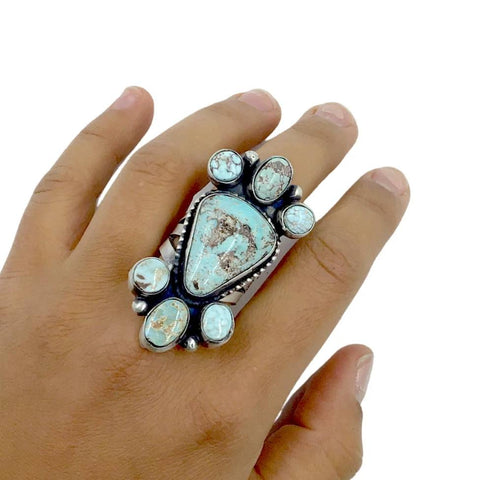 Image of Native American Ring - Large Stunning Navajo Dry Creek Turquoise Long Triangle Cluster Ring - Bobby Johnson - Native American