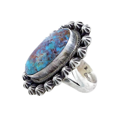 Image of Native American Ring - Navajo Dark Dry Creek Turquoise Stamped Sterling Silver Beads Ring - Bobby Johnson - Native American