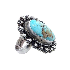 Native American Ring - Navajo Dry Creek Turquoise Stamped Sterling Silver Beads Ring - Bobby Johnson - Native American