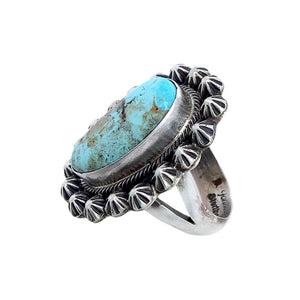 Native American Ring - Navajo Dry Creek Turquoise Stamped Sterling Silver Beads Ring - Bobby Johnson - Native American