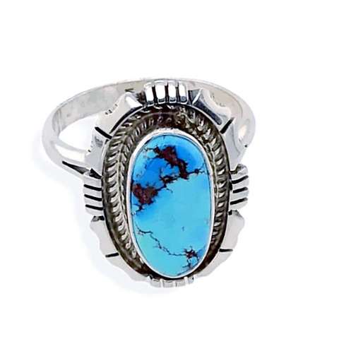 Image of Native American Ring - Navajo Golden Hills Turquoise Ring With Silver Cut Out Details