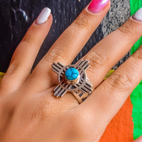 Image of Native American Ring - Navajo Kingman Turquoise Zia Sterling Silver Ring - Native American