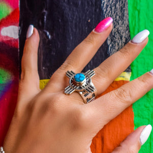 Native American Ring - Navajo Kingman Turquoise Zia Sterling Silver Ring - Native American