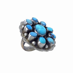 Native American Ring - Navajo Large 10-Stone Golden Hills Turquoise Halo Sterling Silver Ring - Native American