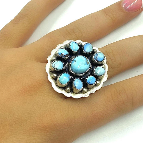 Image of Native American Ring - Navajo Large 10-Stone Golden Hills Turquoise Halo Sterling Silver Ring - Native American