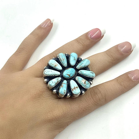 Image of Native American Ring - Navajo Large 11-Stone Dry Creek Turquoise Cluster Sterling Silver Ring - Bea Tom - Native American