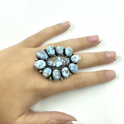 Image of Native American Ring - Navajo Large 11-Stone Golden Hills Turquoise Halo Sterling Silver Ring - Kathleen Chavez - Native American