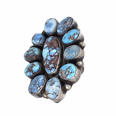 Image of Native American Ring - Navajo Large 11-Stone Golden Hills Turquoise Halo Sterling Silver Ring - Kathleen Chavez - Native American