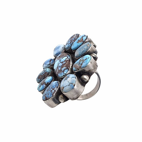 Image of Native American Ring - Navajo Large 11-Stone Golden Hills Turquoise Halo Sterling Silver Ring - Kathleen Chavez - Native American