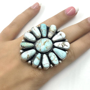 Native American Ring - Navajo Large 13-Stone Dry Creek Turquoise Cluster Sterling Silver Ring - Bea Tom - Native American