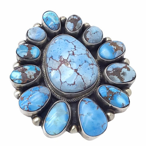 Image of Native American Ring - Navajo Large 13-Stone Golden Hills Turquoise Halo Sterling Silver Ring - Kathleen Chavez - Native American