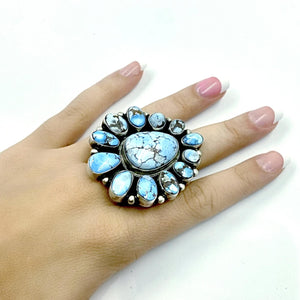 Native American Ring - Navajo Large 13-Stone Golden Hills Turquoise Halo Sterling Silver Ring - Kathleen Chavez - Native American