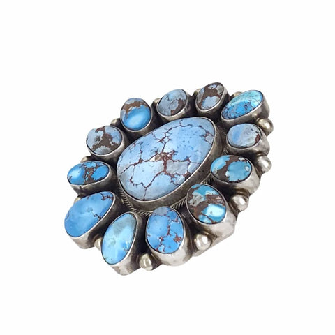 Image of Native American Ring - Navajo Large 13-Stone Golden Hills Turquoise Halo Sterling Silver Ring - Kathleen Chavez - Native American