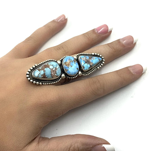 Image of Native American Ring - Navajo Large 3-Stone Golden Hills Turquoise Sterling Silver Stamped Ring - Darrin Livingston - Native American