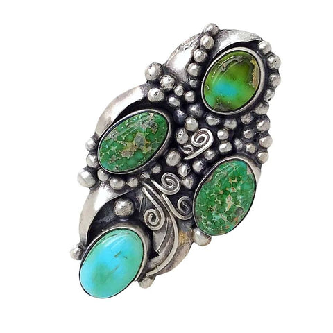 Image of Native American Ring - Navajo Large 4-Stone Sonoran Gold Turquoise Sterling Silver Coil Design Ring - Native American