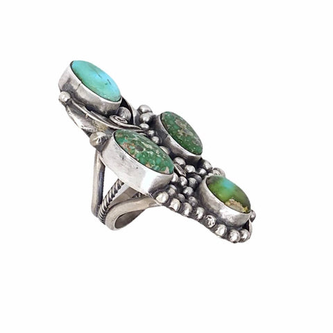 Image of Native American Ring - Navajo Large 4-Stone Sonoran Gold Turquoise Sterling Silver Coil Design Ring - Native American