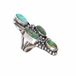 Native American Ring - Navajo Large 4-Stone Sonoran Gold Turquoise Sterling Silver Coil Design Ring - Native American