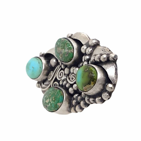 Image of Native American Ring - Navajo Large 4-Stone Sonoran Gold Turquoise Sterling Silver Coil Design Ring - Native American