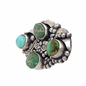 Native American Ring - Navajo Large 4-Stone Sonoran Gold Turquoise Sterling Silver Coil Design Ring - Native American