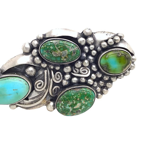 Image of Native American Ring - Navajo Large 4-Stone Sonoran Gold Turquoise Sterling Silver Coil Design Ring - Native American