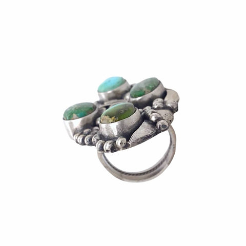 Image of Native American Ring - Navajo Large 4-Stone Sonoran Gold Turquoise Sterling Silver Coil Design Ring - Native American