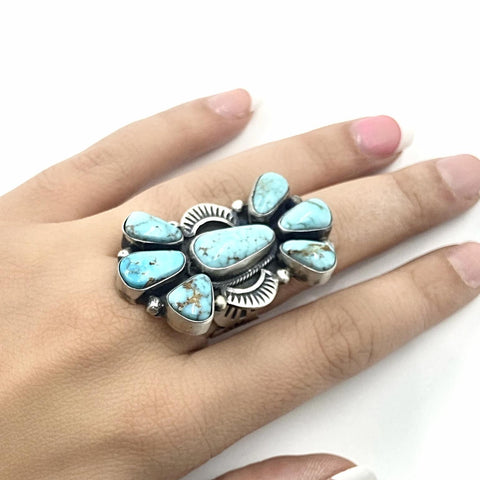 Image of Native American Ring - Navajo Large 7-Stone Dry Creek Turquoise Cluster Hand Stamped Sterling Silver Ring - Darrin Livingston - Native American