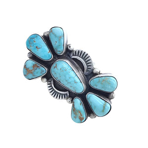 Native American Ring - Navajo Large 7-Stone Dry Creek Turquoise Cluster Hand Stamped Sterling Silver Ring - Darrin Livingston - Native American