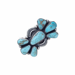 Native American Ring - Navajo Large 7-Stone Dry Creek Turquoise Cluster Hand Stamped Sterling Silver Ring - Darrin Livingston - Native American