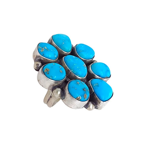 Image of Native American Ring - Navajo Large 8-Stone Blue Bird Turquoise Pyrite Sterling Silver Ring - Darrin Livingston - Native American