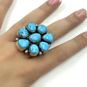 Native American Ring - Navajo Large 8-Stone Blue Bird Turquoise Pyrite Sterling Silver Ring - Darrin Livingston - Native American