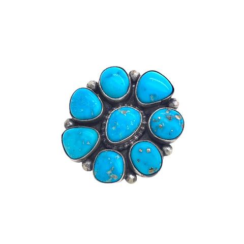 Image of Native American Ring - Navajo Large 8-Stone Blue Bird Turquoise Pyrite Sterling Silver Ring - Darrin Livingston - Native American